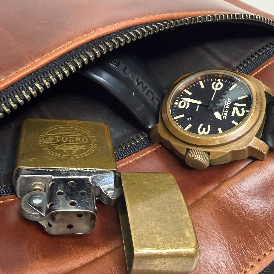 Defender DayTripper / Horween Cavalier Whiskey Leather x TexWax™ Autumn Plaid Wax Canvas