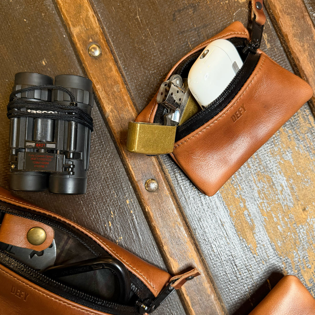 Ships in 2-4 Weeks: Project Horween Whiskey Cavalier Leather x TexWax™ Autumn Plaid Wax Canvas 3 Pouch Bundle